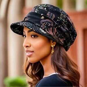 Boho Color Block Floral Print Ruched Newsboy Hat, Vintage Sun Hat